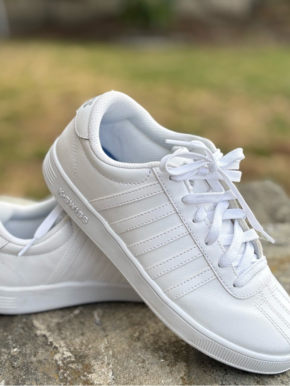 K-Swiss White Low-Top Leather Sneaker with Subtle Gray Logo